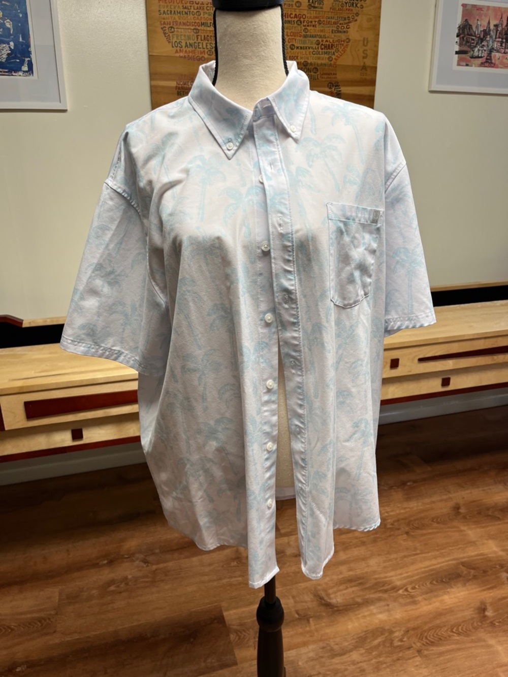 Huk Pale Blue Palm-Print Short Sleeve Button-Down Shirt